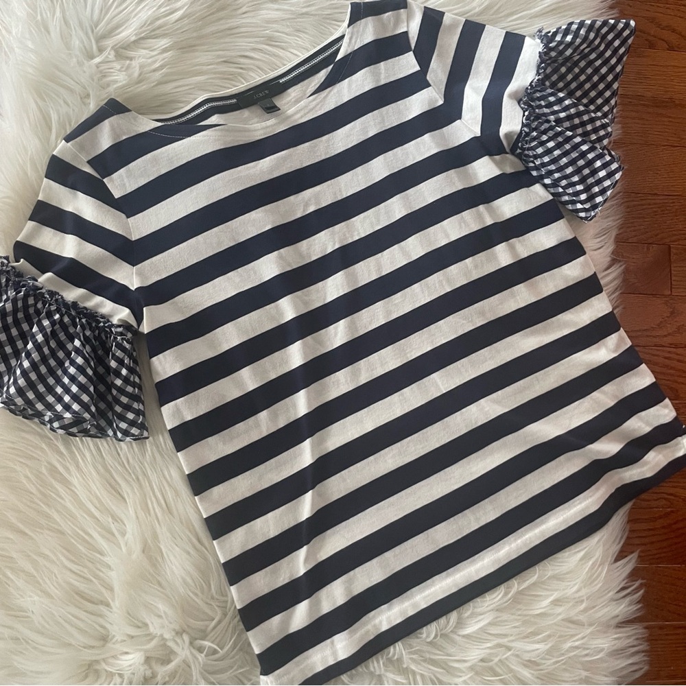 J CREW Striped Gingham Ruffle Sleeve Top Tee Navy White Stripe Size Small